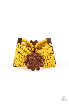 Held together by oversized rectangular fittings and wooden floral frames, strands of refreshing blue wooden beads are threaded along stretchy bands that weave around the wrist for a colorful island inspired look. Yellow Wood, Floral Frames, Yellow Bracelet, Wooden Bracelet, Wood Bracelet, Sunny Yellow, Paparazzi Accessories, Affordable Jewelry, Paparazzi Jewelry