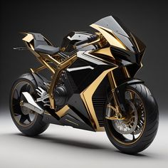 a gold and black motorcycle is shown on a gray background in an artistic fashion style