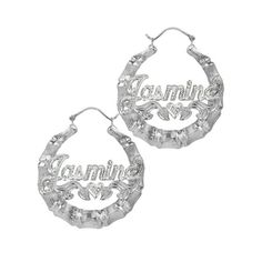 These brilliant nameplate hoop earrings feature a lovely bamboo textured hoop and beaded rhodium finish. Size: small.  Color: Silver.  Gender: female.  Age Group: adult. Silver Hoop Earrings With Name Detail, Custom Name Silver Hoop Earrings For Anniversary, Personalized Silver Metal Hoop Earrings, Silver Small Hoop Earrings With Custom Name, Elegant Personalized Silver Hoop Earrings, Personalized Sterling Silver Hoop Earrings, Diy Jewelry Earrings, Name Earrings, Family Jewellery