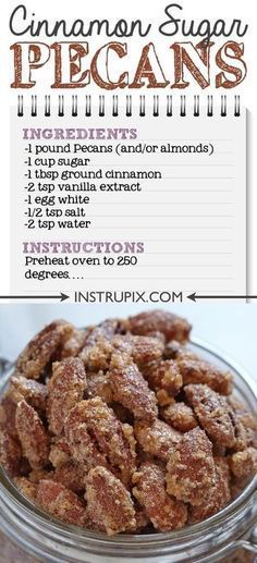 cinnamon sugar pecans in a glass jar with instructions on the side for making them