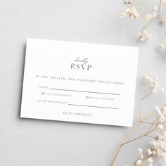 Minimalist Wedding RSVP Card Template with Roman Numerals on a white card with black text, elegantly surrounded by delicate gypsophila flowers on a grey textured background. Diy Rsvp Cards, Wedding Day Invitations, Event Card, Modern Wedding Inspiration, Invitation Inspiration, Simple Wedding Invitations