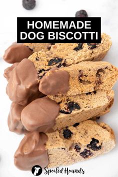 homemade dog biscotti with chocolate on top and the title above it reads homemade dog biscotti