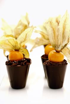 two small vases with flowers and fruit in them