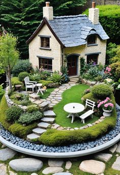 a small house surrounded by grass and rocks