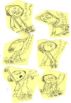 several drawings of people and animals on yellow paper