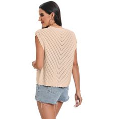 STYLISH & VERSATILE: Enhance your wardrobe with this stylish and adaptable women's short cap sleeve V-neck sweater vest, ideal for layering or wearing on its own. COMFY & AIRY: Made from top-quality knit fabric, this pullover tank top provides a comfy and airy fit for all-day wear, making it a crucial addition to your women's top collection. DELIGHTFUL DESIGN: The delightful openwork knit design and button closure add an elegant touch to this casual solid top, making it a must-have for any fashi Spring V-neck Stretch Sweater Vest, Beige Crew Neck Sweater Vest For Spring, Trendy Crew Neck Sweater Vest For Spring, Beige Short Sleeve Sweater For Spring, Trendy Beige Crew Neck Sweater Vest, Stretch V-neck Sweater Vest For Spring, Trendy Beige V-neck Sweater Vest, V-neck Sweater Vest For Summer, V-neck Sweater Vest For Spring Layering