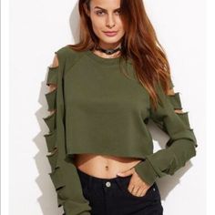 Holes & Hoodless Sweatshirt-Must Have Casual Green Long Sleeve Crop Top, Fitted Green Sweatshirt For Fall, Fitted Green Fall Sweatshirt, Green Long Sleeve Crop Top For Fall, Crop Top Hoodie, Crop Top Sweatshirt, Crop Top Casual, Post Apocalypse, Short T Shirt