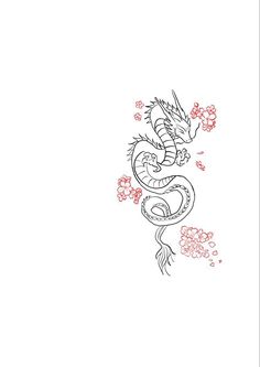 a drawing of a dragon with flowers on it