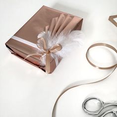 a pair of scissors next to a gift wrapped in brown paper with white feathers on it