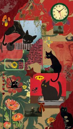 a collage of cats and flowers with a clock in the background