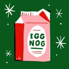 a carton of egg nog on a green background with snowflakes and stars