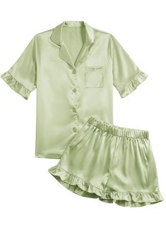 PRICES MAY VARY. Comfy satin silky short sleeve pajamas set for women, collar v neck short PJs sets for girls and women Classic collar down v neck with button down closure, ruffle short sleeve and shorts sleepwear set for women Made from soft and smooh fabric, regular fit, suitable for spring, summer and fall Satin PJs sleepwear set suitable for homewear, sleepwear, loungewear, pajamas party Please check the size chart of Umenlele in Product Description carefully before purchasing. Hand wash/ Ma Sister Christmas Pajamas, Womens Pajama Sets, Princess And The Frog Pajamas, Pastel Pajamas Aesthetic, Pj Sets Cute, Yellow Pajama Set, College Stuff To Buy, Bachelorette Party Pajamas, Bachelorette Party Pjs