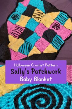 a crochet pattern for a baby's patchwork blanket with the words, halloween crochet pattern sally's patchwork baby blanket