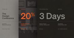 two pages from the design conference, one with an orange and black graphic on it