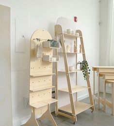 the shelves are made out of plywood and have plants on them