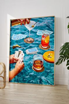 a painting of people playing cards in the water with drinks and cigars on it