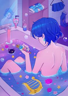 a woman sitting in a bathtub with blue hair