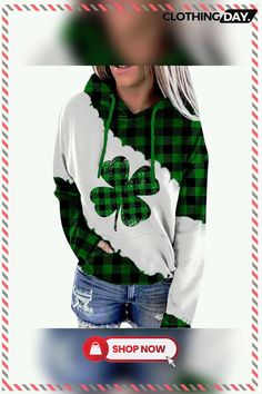 Women's Long Sleeve Hoodies Shamrock Print Fleece Ladies Hoodies