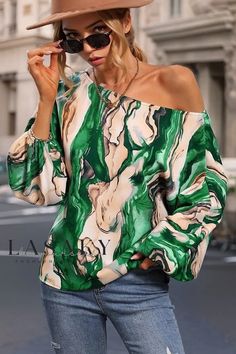 Lasaky - Luxurious Colorful Artistic Loose Lantern Sleeve Blouse for Fashion-forward Individuals Me 109, Bishop Sleeve Blouse, Boat Neck Blouse, Digital Abstract, Balloon Sleeve Top, Balloon Sleeve Blouse, Loose Fabric, Saint John, Sleeves Clothing