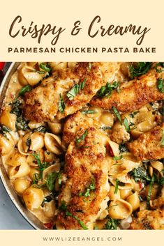 chicken parmesan pasta bake with text overlay that says crispy and creamy