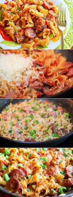 different types of pasta and meat on plates