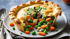 there is a pie with peas and carrots on the plate