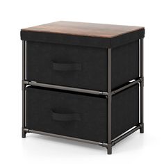 two black storage drawers with wooden top and metal frame legs, one on each side