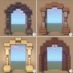 four different views of an open window with the sky and ocean in it's center