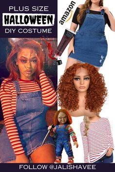 the doll is wearing overalls and holding a knife in her hand while she has red hair