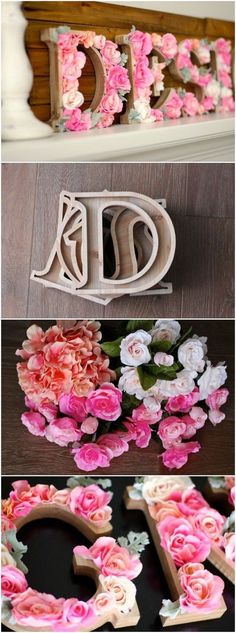 flowers and letters made out of wood are arranged in the shape of letters that spell out love