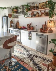 a kitchen filled with lots of counter top space and plants on the shelves above it