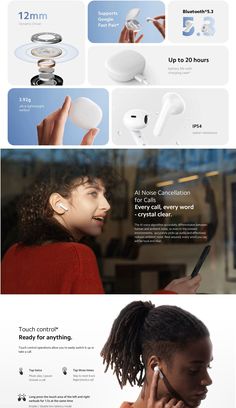 an advertisement for the new airpods is shown in three different colors and sizes, including white