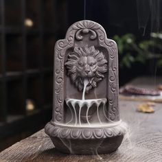 a fountain with a lion head on the top and water flowing from it's mouth