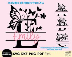 the letter e with butterflies and flowers on it is shown in black, pink, and white