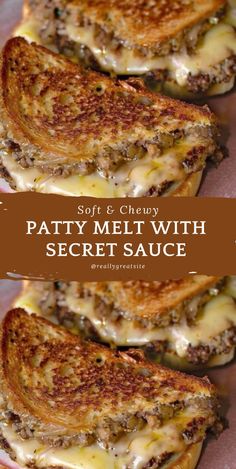 two grilled cheese sandwiches on toasted bread with the words patty melt with secret sauce