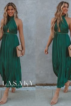 Lasaky - Elegant Halter Neck Pleated Back Evening Gown by Exclusive Fashion Brand Destination Wedding Guest Attire, Island Outfit, Guest Attire, Wedding Attire Guest, Exclusive Fashion, Stylish Fashion, Guest Dresses, Evening Gown, Halter Neck