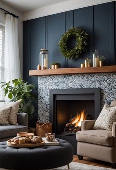 a living room filled with furniture and a fire place in front of a wall mounted fireplace