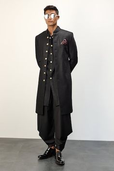 Black achkan jacket with metallic textured buttons, floral print and thread embroidery. Comes with dhoti pant and a kurta. - Aza Fashions Black Sherwani With Dabka Detailing In Traditional Drape, Black Dhoti Kurta Women, Black Embroidered Cotton Sherwani, Black Dhoti Kurta For Men, Black Embroidered Bandhgala Kurta, Men Kurta, Dhoti Pants, Thread Embroidery, Pant Set