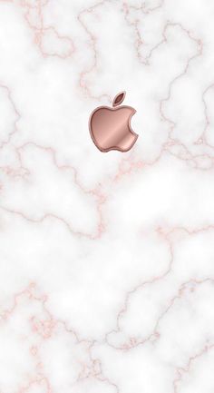 an apple logo on top of a white marble wallpaper with pink and gold accents