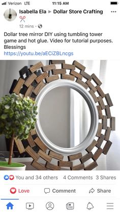 a mirror that is on top of a wooden shelf next to a potted plant