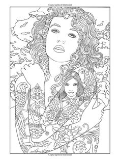 an adult coloring page with a woman holding a bird in her hand and flowers on the background