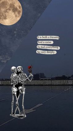 two skeletons holding each other in front of a full moon