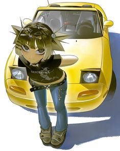 an anime character leaning against a yellow car