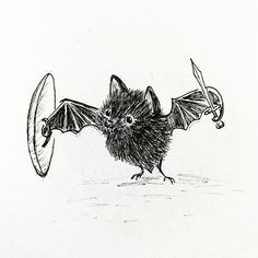 a black and white drawing of a bat with wings spread out, holding a fan