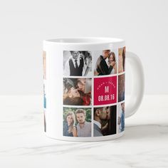 a white coffee mug with multiple photos on it