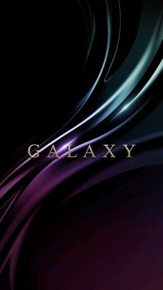 an image of the word galaxy in gold and purple on a black background with wavy lines