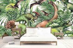 an image of a bedroom scene with dinosaurs and plants on the wall, in front of a bed