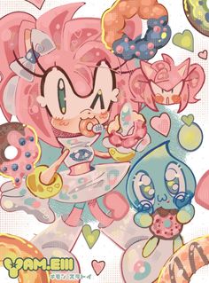 an anime character with pink hair holding a donut in front of hearts and balloons