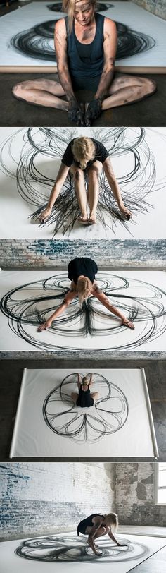 a woman doing yoga poses in front of an artistic background with circles and lines on the floor