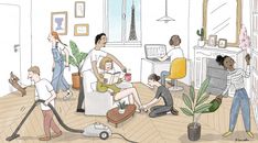 a group of people in a living room with vacuums